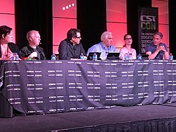 SGU live recording at CSICon 2017 in Las Vegas. From left to right: Rachael Dunlop (guest), Evan Bernstein, Jay Novella, Steven Novella, Cara Santa Maria, and Bob Novella. SGU cast at CSICon 2017 in Las Vegas.jpg