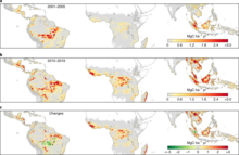 Mean annual carbon loss from tropical deforestation Spatial pattern of forest carbon loss across the tropics.webp