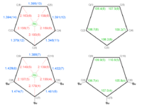 Selected bond lengths (Å) (left) and bond angles (°) (right) for the unsubstituted (top) and substituted (bottom) cyclopentadienyl ligands in the cation from the salt [(η5-C5tBu3H2)Rh(η5-C5H5)]BF4