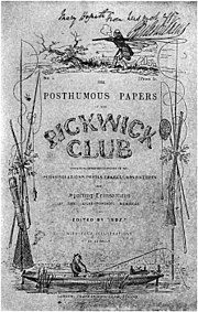 Original Pickwick cover issued in 1837 with Dickens' autograph — most of Dickens' novels were issued in shilling installments before being published in the complete volume