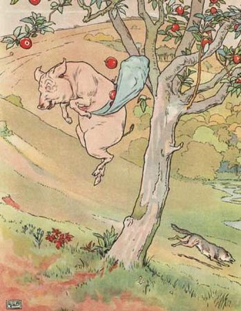 Le petit cochon descend du pommier à toute vitesse.