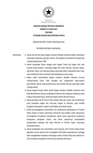 Undang-Undang Nomor 21 Tahun 2001 tentang Otonomi Khusus Bagi Provinsi Papua