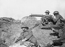 The Vickers was the successor to the Maxim gun and remained in British military service for 79 consecutive years. Vickers machine gun in the Battle of Passchendaele - September 1917.jpg