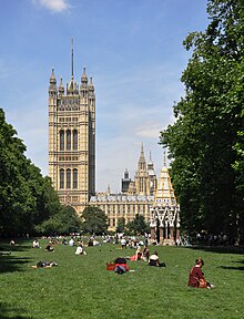 Victoria Tower Gardens, 2011, with the Buxton Memorial Fountain and the Palace of Westminster in the background Victoria Tower Gardens 2011 02.jpg