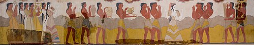 Procession fresco from Knossos; of the 23 figures, most feet are original, but only the head at extreme right Wall painting of cult procession from Knossos (Corridor of Procession) - Heraklion AM - 01.jpg