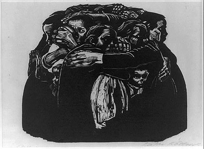 woodcut of mothers holding each other