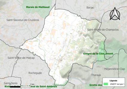 Carte des ZNIEFF de type 1 sur la commune.