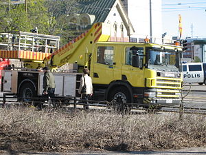 A repair truck used in a tram accident