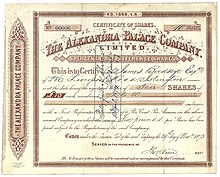 Gründeraktie der Alexandra Palace Company über 10 Preference Shares zu je 10 £, ausgegeben am 29. November 1873. Im Jahr 1900 wurde eine gemeinnützige Stiftung gegründet, die das Gebäude und den Park kaufte, um sie „für die freie Nutzung und Erholung der Allgemeinheit für immer zur Verfügung zu halten“.