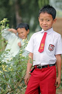 An elementary school uniform in Indonesia.
