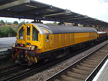A London Underground battery-electric locomotive at West Ham station used for hauling engineers' trains Battery loco 16 at West Ham.JPG