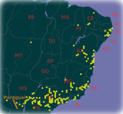 Mapa mostrando os pontos de ocorrência confirmada de C. floribundus na América do Sul.[4]