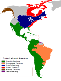 Map indicating the territories colonized by the European powers over the Americas in 1750 (mainly Spain, Portugal, and France at the time). Colonization of the Americas 1750.PNG