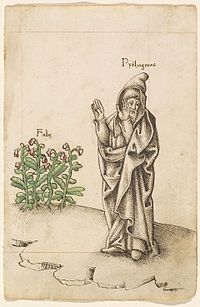 Pythagoras and faba beans, French, 1512/1514.
Pythagoreans refused to eat beans. Already in antique times there was much speculation about the reason for this custom. Do Not Eat Beans.jpg