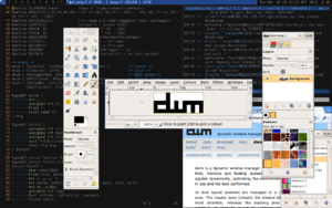 正在运新urxvt（英语：urxvt）、GIMP以及Chromium的 dwm-5.7.2