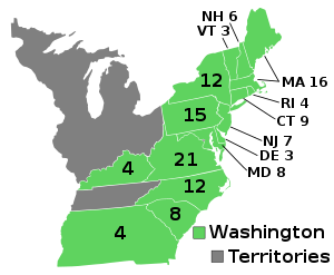 Kort over, hvem, der har vundet hvilke stater (grøn=Washington, grå=territorier)