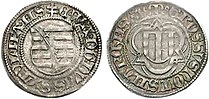 Шпіцгрошен (Spitzgroschen) Курфюрст Ернест, герцог Альберт, герцог Вільгельм III з курфюрстіною Маргарет (1475–1482), з 1475 р., монетний двір Кольдіца (Margarethengroschen)