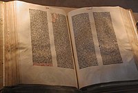 A Gutenberg Bible printed in the 1450s on display at the US Library of Congress Gutenberg Bible.jpg