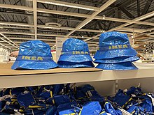 IKEA branded bucket hats at an IKEA store in Emeryville, California in 2022. IKEA hats - December 2022 - Sarah Stierch.jpg