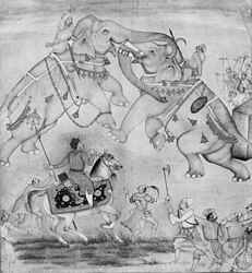 Farrukh Chela: Mogul prince Nuruddin Salim Jahangir on horseback and his company are watching a pair of fighting elephants, around 1605.