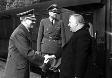 Adolf Hitler greeting Jozef Tiso, president of the (First) Slovak Republic, a client state of Nazi Germany during World War II, 1941 Jozef Tiso (Berlin).jpg