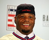 Griffey during a press conference in 2016 after his election to the National Baseball Hall of Fame Ken Griffey Jr. goes with his trademark backwards cap.jpg