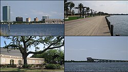 Clockwise from left: Downtown Lake Charles; Lakefront Promenade; I-210 Bridge over the Calcasieu River; McNeese State University entrance plaza