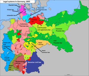 Map of legal systems in Germany before the codification of civil law in 1900 Legal systems in 1895 Germany.png