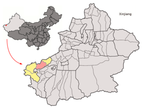Atushs läge i Kizilsu, Xinjiang, Kina.