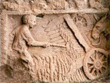 Roman harvesting machine, a vallus, from a Roman wall in Belgium, which was then part of the province of Gallia Belgica Mahmaschine.jpg