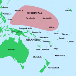 A mikronéziai régió térképe (a rózsaszín körben van maga a régió).