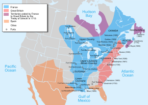 Map of territorial claims in North America by 1750. Possessions of British America (pink), New France (blue), and New Spain (orange); California, Pacific Northwest, and Great Basin not indicated. Nouvelle-France map-en.svg