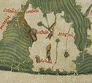 Detalle do noroeste da península ibérica no mapa de Paulo de Venecia. Relacionado co mapa de Pietro Vesconte, emprega Galicia como nome identificativo do noroeste peninsular. Ano ca. 1320.