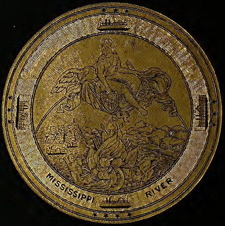 A gold seal with a man reclining on a cloth suspended by poles a landscape and holing a shield, with the words “MISSISSIPPI RIVER” below