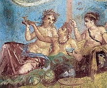 Roman fresco with a banquet scene from the Casa dei Casti Amanti, Pompeii Pompeii - Casa dei Casti Amanti - Banquet.jpg