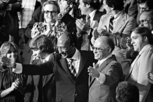 Egyptian President Anwar Sadat and Israeli Prime Minister Menachem Begin acknowledge applause during a joint session of Congress in Washington, D.C., during which President Jimmy Carter announced the results of the Camp David Accords, 18 September 1978. Sadat and Begin clean3.jpg