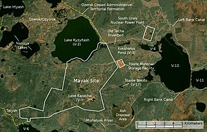 55° 42′ 45″ N, 60° 50′ 53″ L Mapa de Mayak, Um dos lugares, mais contaminados por radiação do planeta.[4]