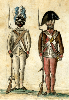 An African American soldier (left) of the 1st Rhode Island Regiment, widely regarded as the first Black battalion in U.S. military history Soldiers at the siege of Yorktown (1781), by Jean-Baptiste-Antoine DeVerger (cropped).png