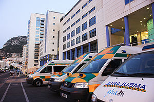 Gibraltar Health Authority ambulancesparked outside St Bernard's Hospital in Gibraltar.