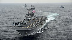 In March 2016, over 315,000 South Korean and U.S. soldiers participated in the largest military drills ever staged on the Korean Peninsula. USS Boxer transits the east sea during Exercise Ssang Yong 2016. (25645435215).jpg