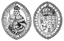 The obverse and reverse of the royal seal of James I of England as the president of the Council of Virginia, the inscriptions signifying: "Seal of the King of Great Britain, France and Ireland"; "For his Council of Virginia" (c. 1606) Va Company Seal.gif