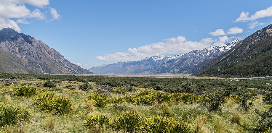 图为塔斯曼河（英语：Tasman River）的河谷，位于新西兰南岛奥拉基/库克山国家公园。