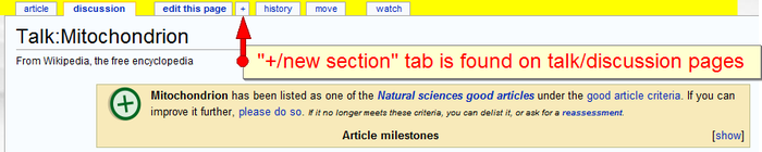 The new section tab is indicated on the discussion page of the Mitochondrion article on the English Wikipedia.