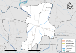 Carte en couleur présentant le réseau hydrographique de la commune