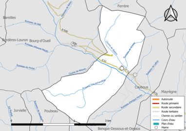 Carte en couleur présentant le réseau hydrographique de la commune