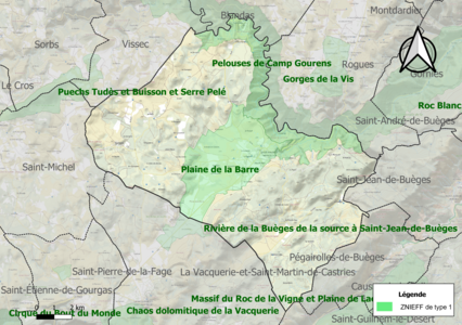 Carte des ZNIEFF de type 1 sur la commune.