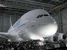 The first completed A380 at the "A380 Reveal" event in Toulouse, France, 18 January 2005 A380 Reveal 1.jpg
