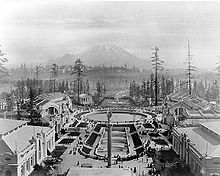 Alaska-Yukon-Pacific Exposition on the UW campus toward Mount Rainier in 1909 Alaska Yukon Pacific Exposition - Rainier Vista.jpg