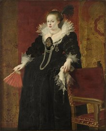 Old portrait of a young queen richly dressed with white lace and pearls with a handkerchief in her left hand an a fan in her right