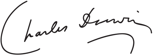 "Charles Darwin", with the surname underlined by a downward curve that mimics the curve of the initial "C"